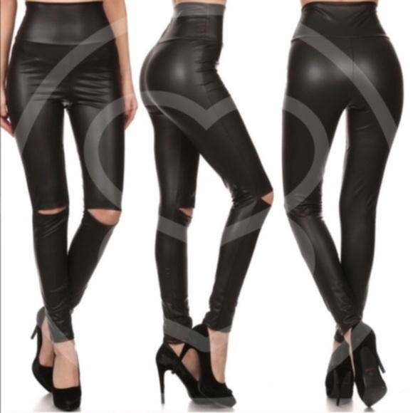 Black Cut out knee Vegan leather leggings Fitted Sexy - Picture 4 of 5